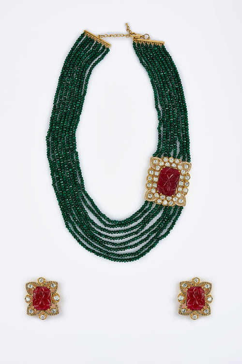 Antara Gold Plated Green Womens Kundan, Polki Mala Necklace Set with Pair of Earrings