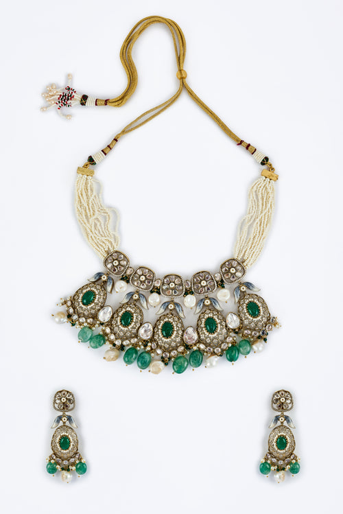 Florence Gold Plated Green Womens Kundan, Polki Short Necklace Set with Pair of Earrings