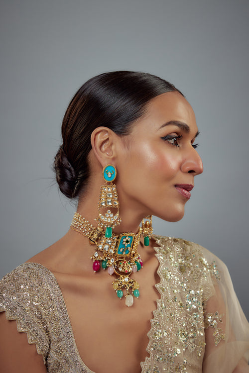 Saadgi Gold Plated Multicolored Kundan, Polki Womens Choker Necklace Set with Pair of Earrings
