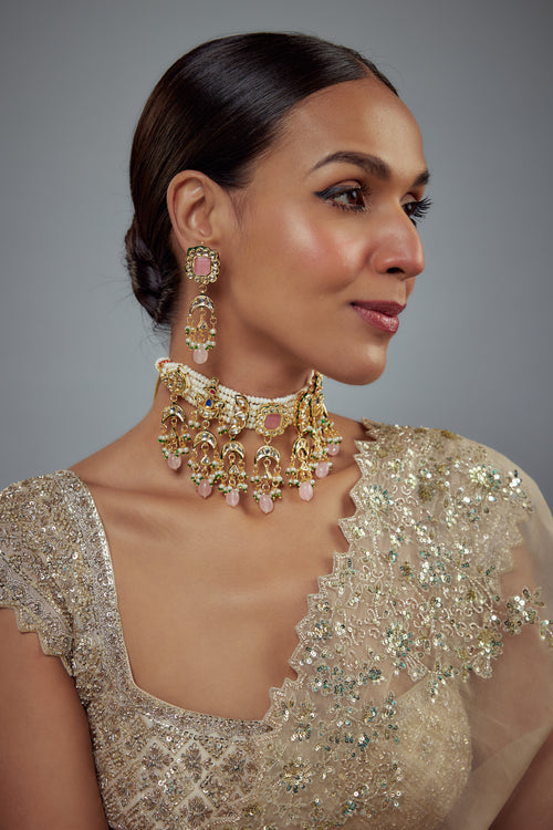 Saadgi Gold Plated Pink Kundan, Polki Womens Choker Necklace Set with Pair of Earrings