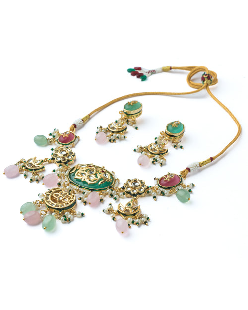 Gold Plated Multicolored Womens Short Necklace Set with Pair of Earrings