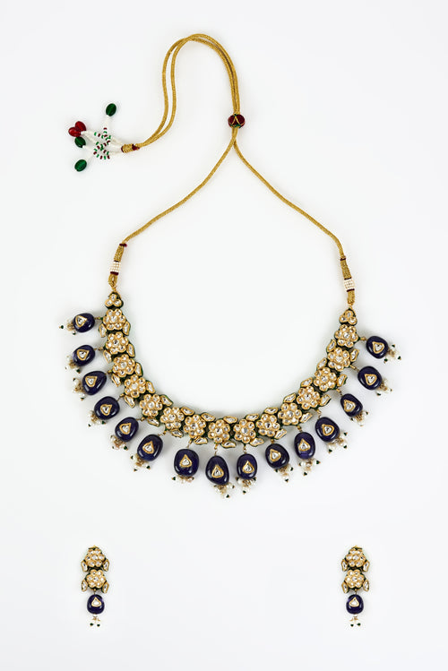 Saadgi Gold Plated Blue Kundan, Polki Womens Choker Necklace Set with Pair of Earrings