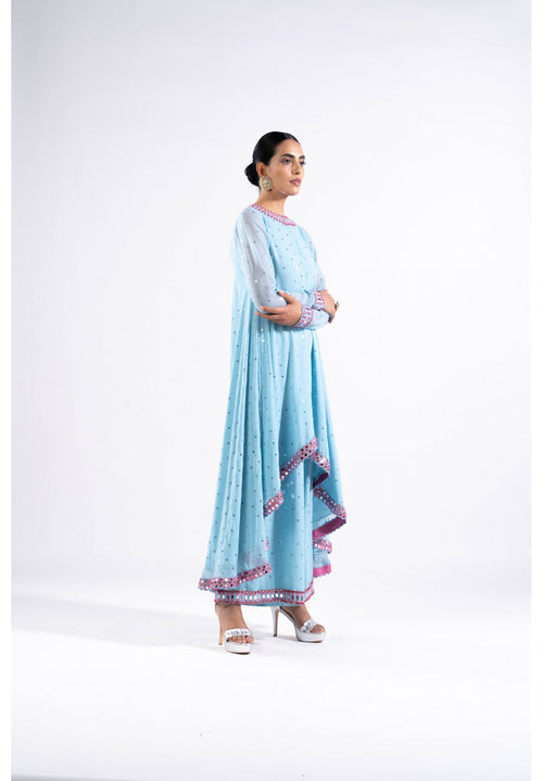 Ice Blue Asymmetrical Kurta Set