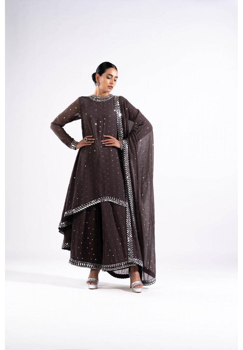 Charcoal Grey Asymmetrical Kurta Set With Dupatta