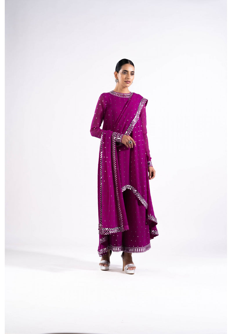 Pop Wine Asymetrical Kurta Set With Dupatta