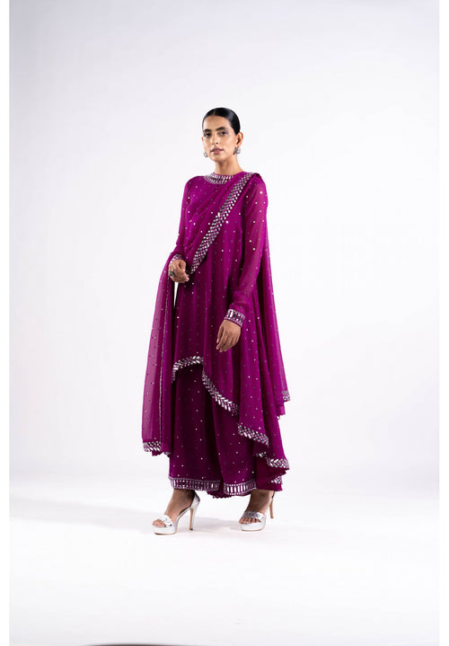 Pop Wine Asymetrical Kurta Set With Dupatta