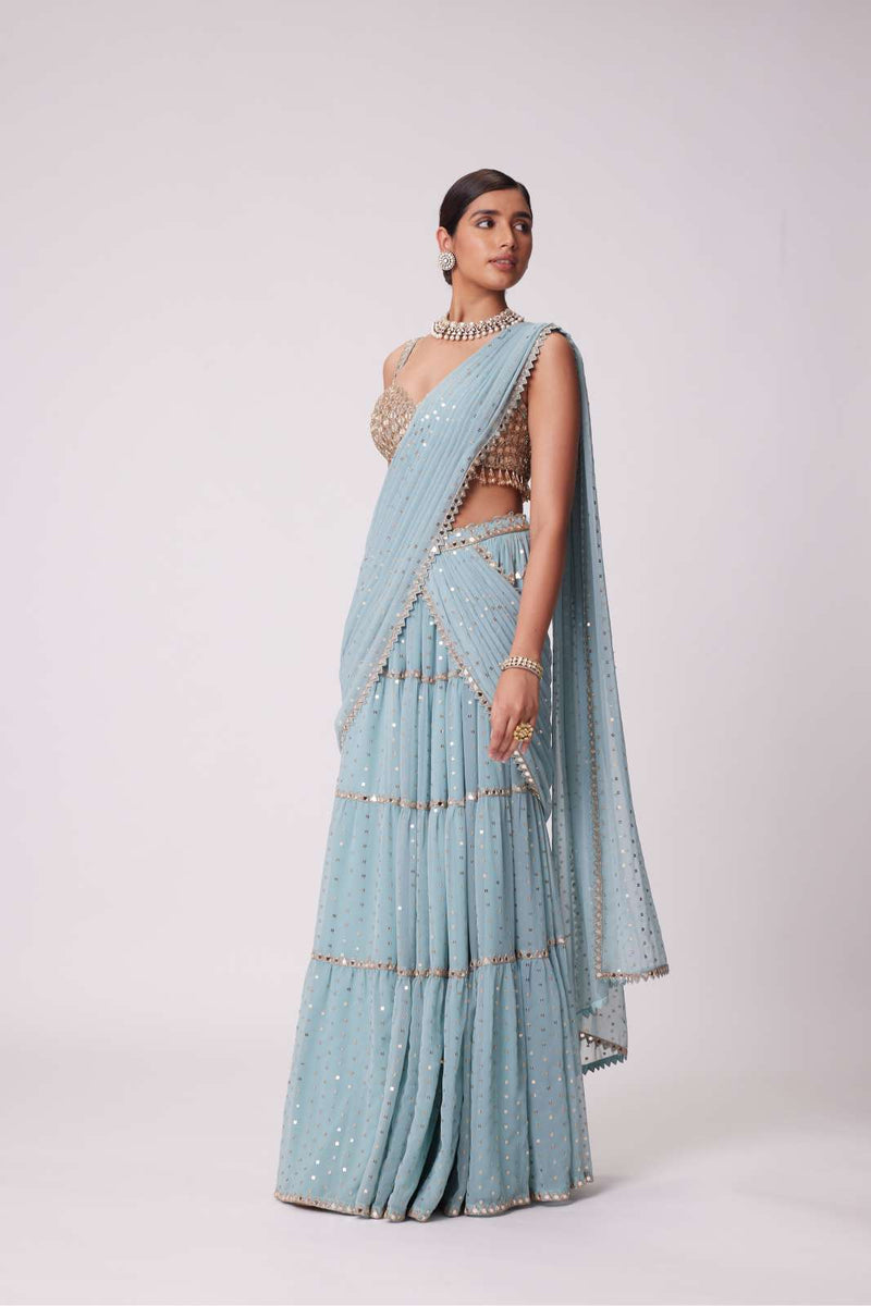 POWDER BLUE MULTI TIER SAREE SET