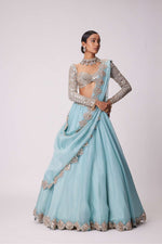 POWDER BLUE ORGANZA MIRROR EMBROIDERED LEHENGA SET