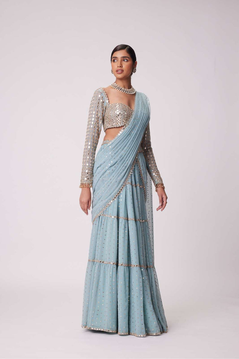 POWDER BLUE MULTI TIER HAND EMBROIDERED SAREE SET