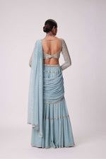 POWDER BLUE MULTI TIER HAND EMBROIDERED SAREE SET