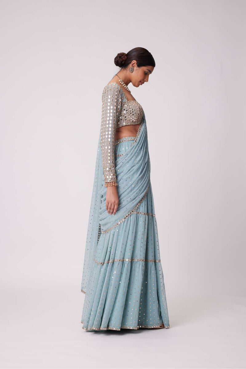 POWDER BLUE MULTI TIER HAND EMBROIDERED SAREE SET