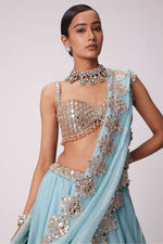 POWDER BLUE ORGANZA HAND EMBROIDERED LEHENGA SET