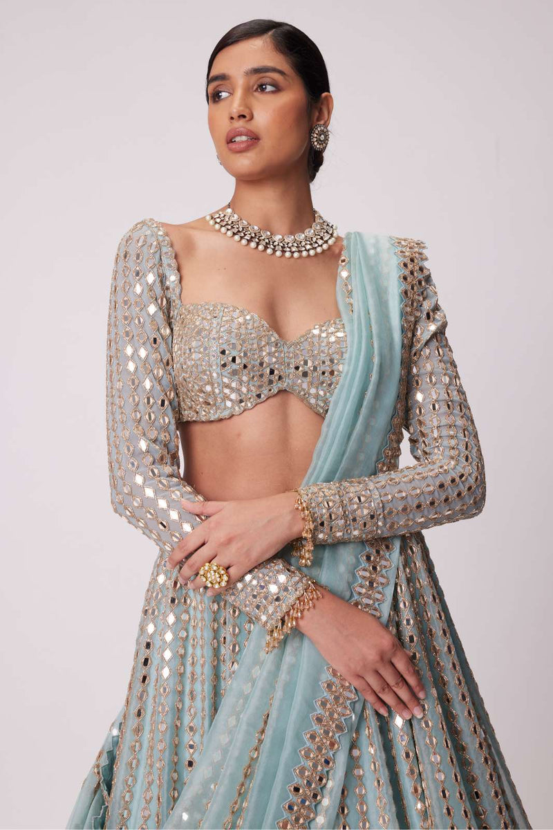 POWDER BLUE LINEAR EMBROIDERED LEHENGA SET