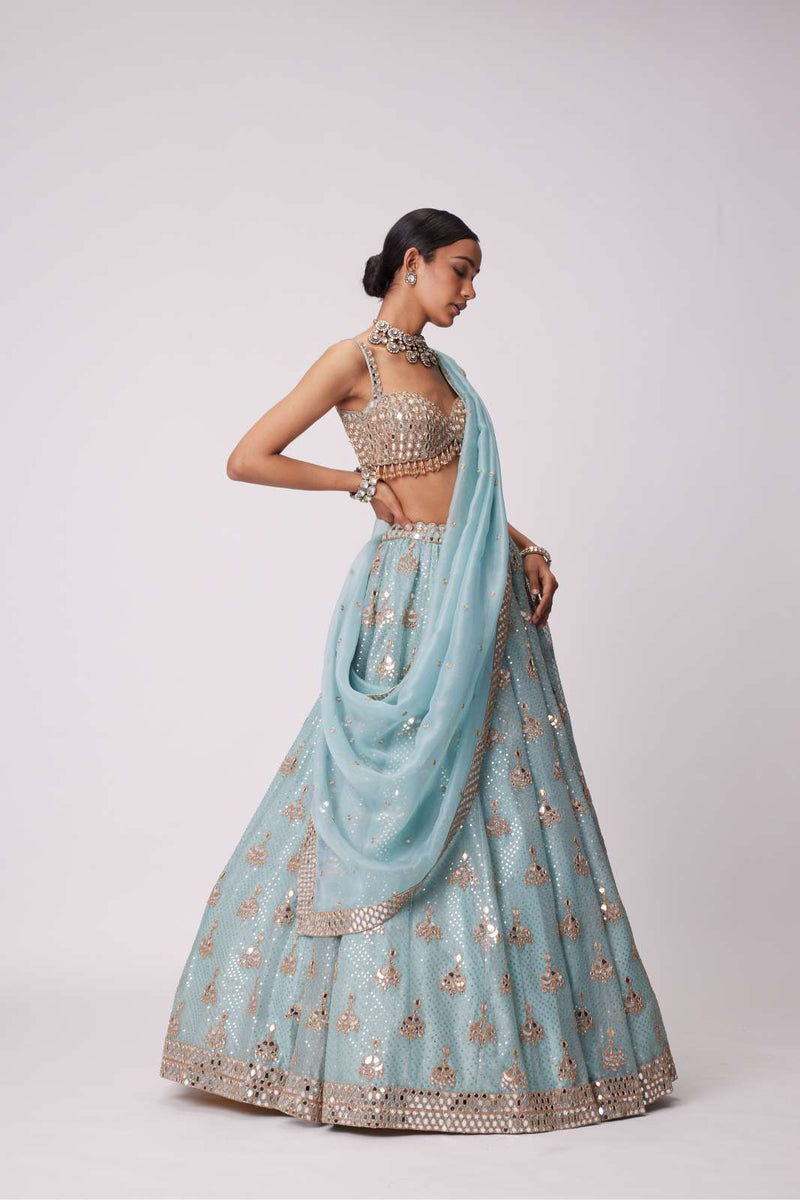 POWDER BLUE ORGANZA SEQUIN EMBROIDERED LEHENGA SET