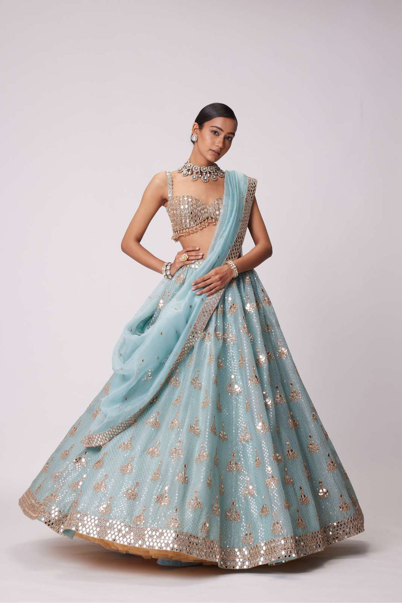 POWDER BLUE ORGANZA SEQUIN EMBROIDERED LEHENGA SET