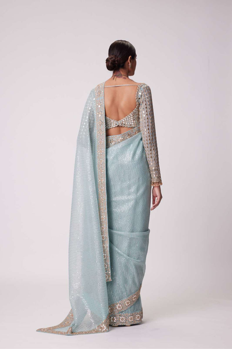 POWDER BLUE ORGANZA SAREE SET