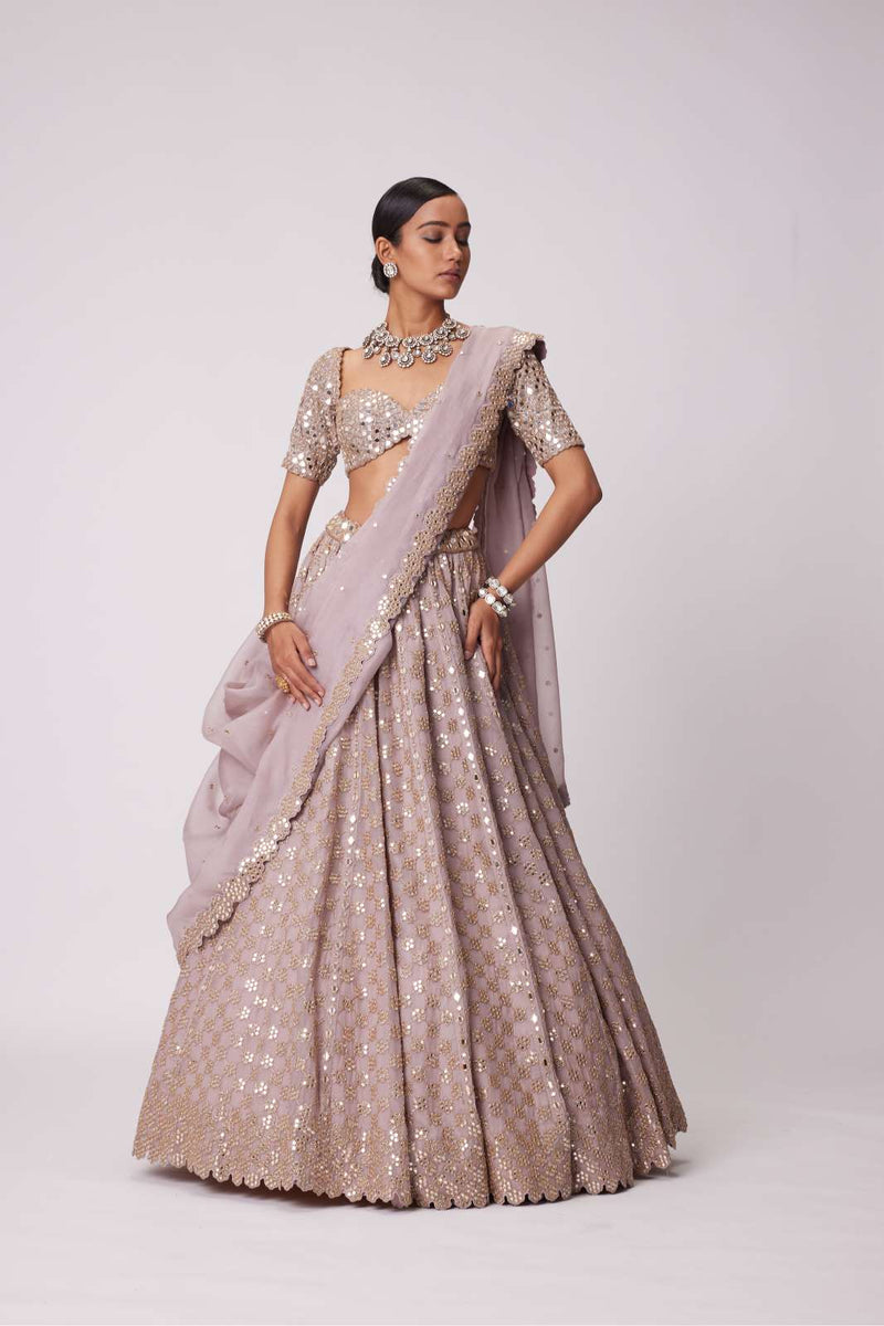 ASH PINK MIRROR FLOWER EMBROIDERED LEHENGA SET