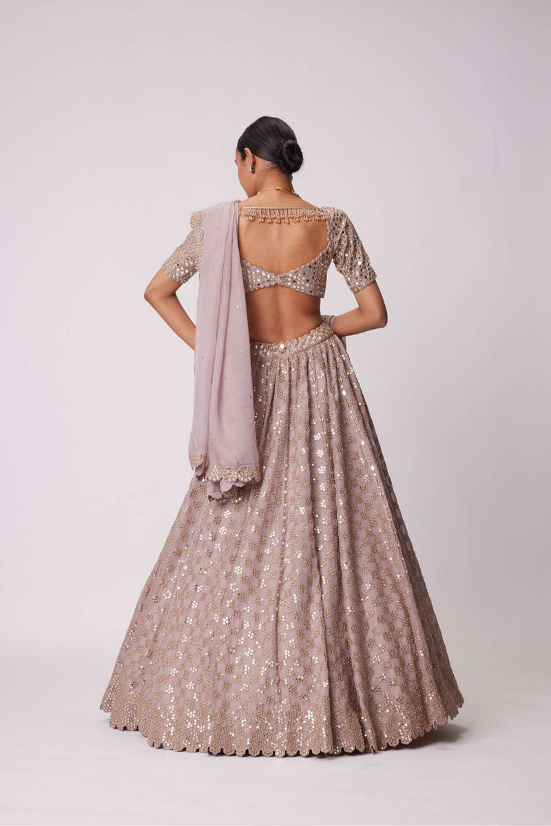 ASH PINK MIRROR FLOWER EMBROIDERED LEHENGA SET