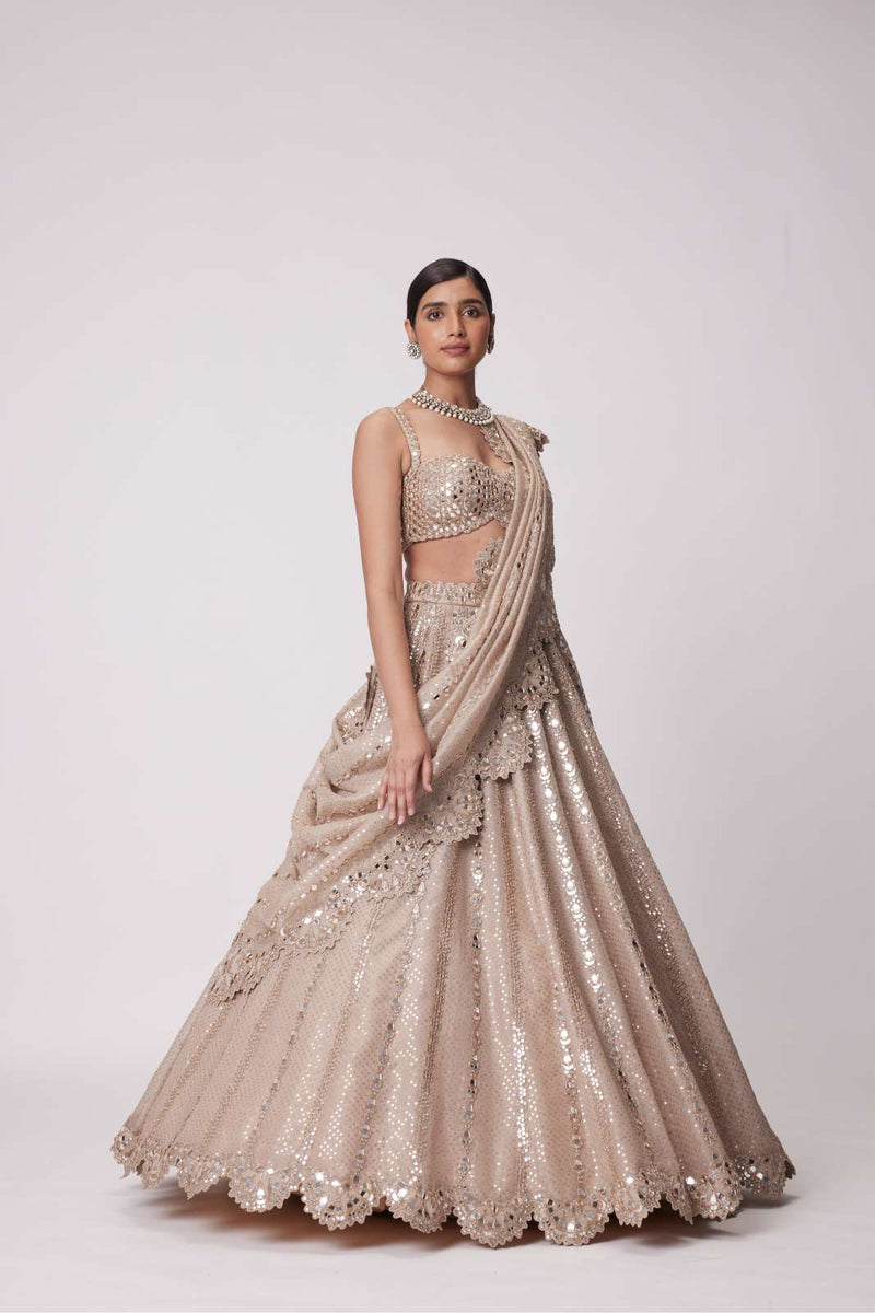 LIGHT BEIGE SEQUIN EMBROIDERED LEHENGA SET