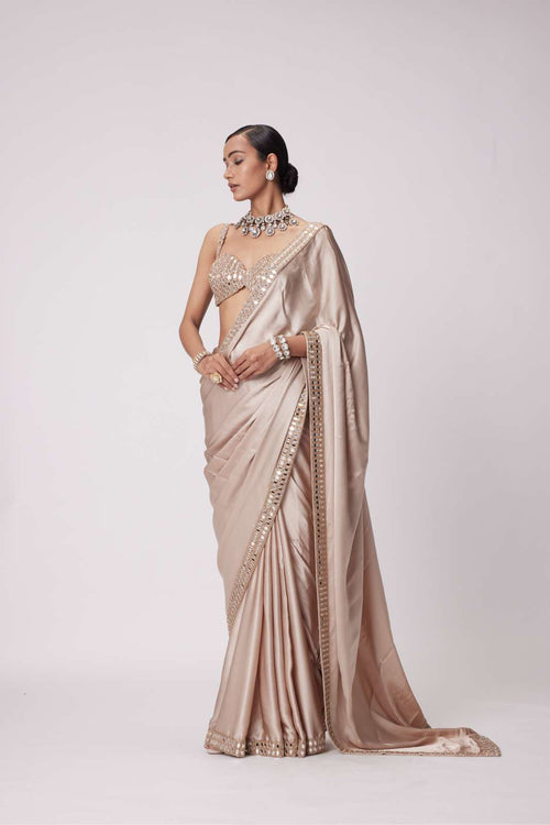 LIGHT BEIGE SATIN SAREE SET