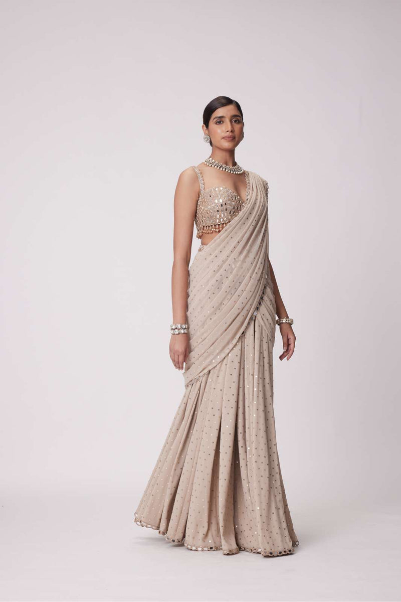 LIGHT BEIGE GEORGETTE PRE DRAPED SAREE SET