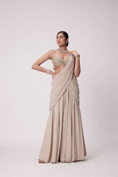 LIGHT BEIGE GEORGETTE PRE DRAPED SAREE SET