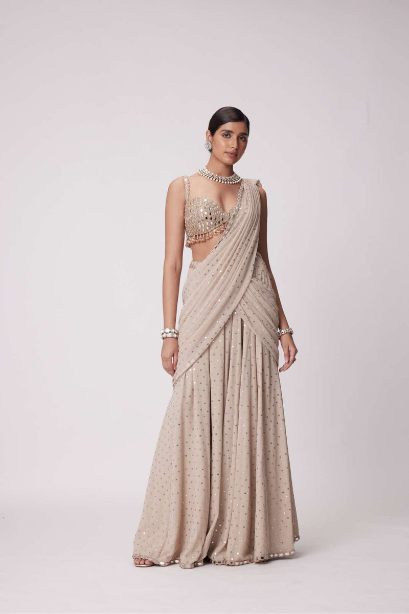 LIGHT BEIGE GEORGETTE PRE DRAPED SAREE SET