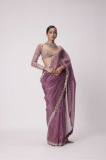 MUD  MAUVE HAND EMBROIDERED ORGANZA SAREE SET