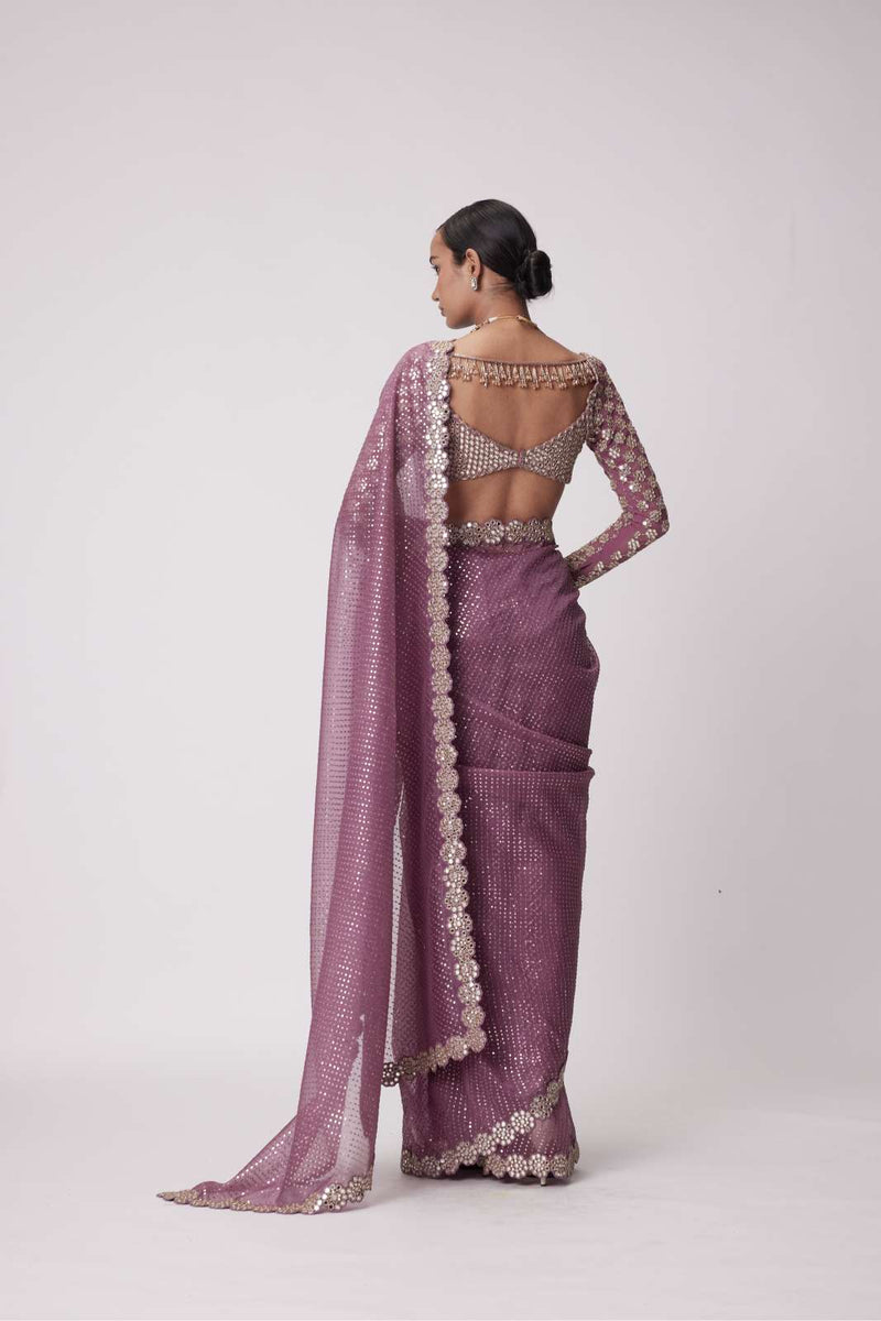 MUD  MAUVE HAND EMBROIDERED ORGANZA SAREE SET