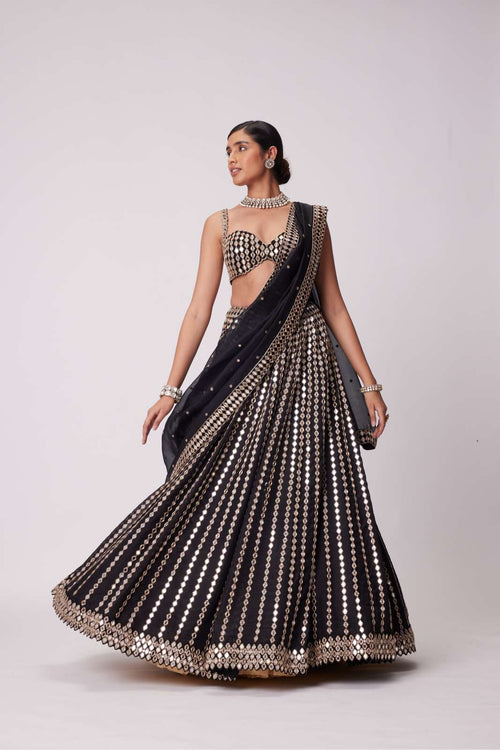 BLACK LINEAR MIRROR EMBROIDERED LEHENGA SET