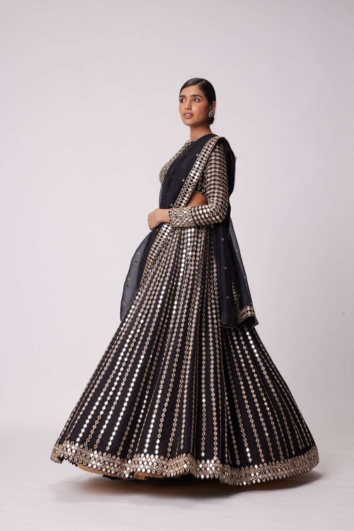 BLACK LINEAR MIRROR EMBROIDERED ORGANZA LEHENGA SET