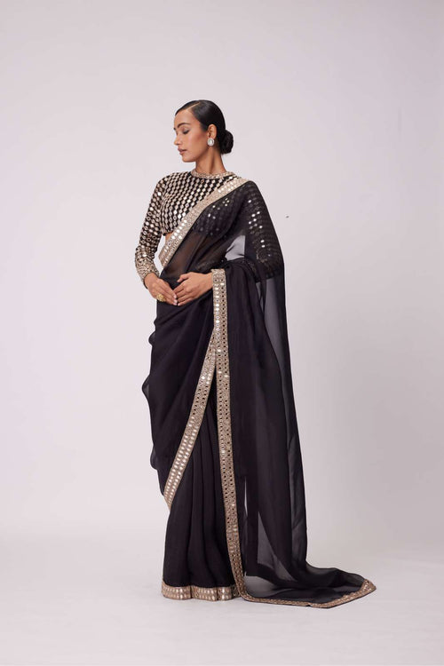 BLACK HAND EMBROIDERED ORGANZA SAREE SET