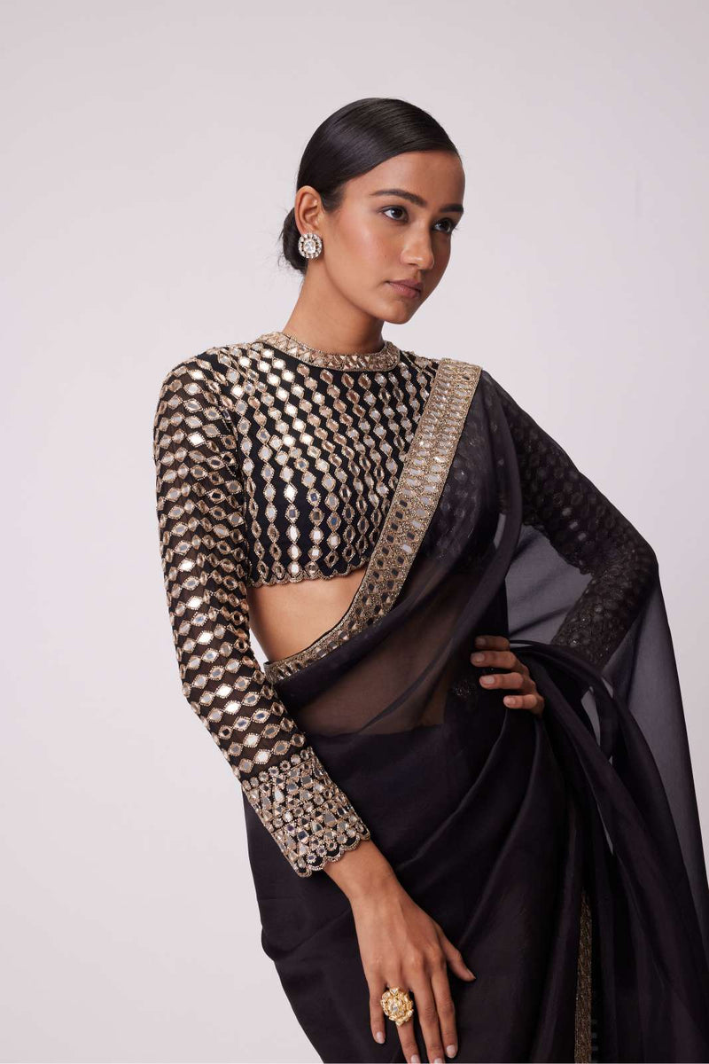 BLACK HAND EMBROIDERED ORGANZA SAREE SET