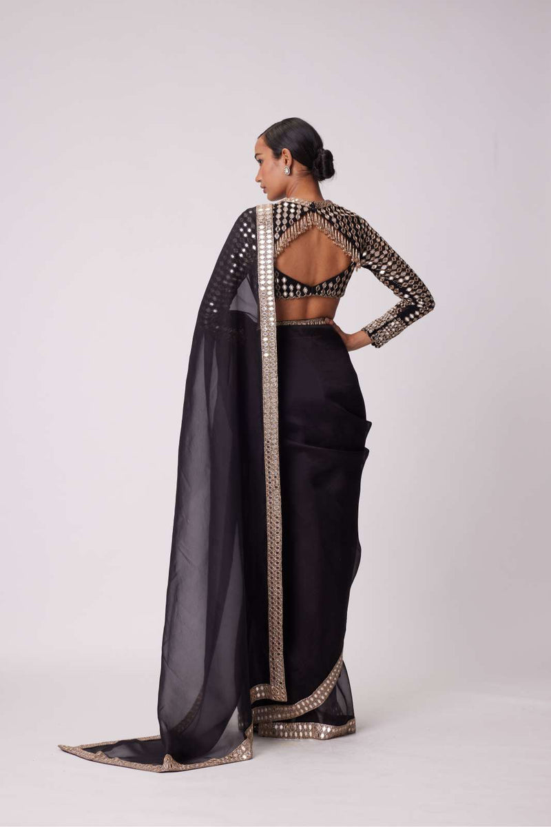 BLACK HAND EMBROIDERED ORGANZA SAREE SET