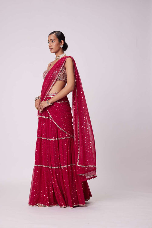 CRIMSON RED MULTI- TIER SEQUIN EMBROIDERED SAREE SET