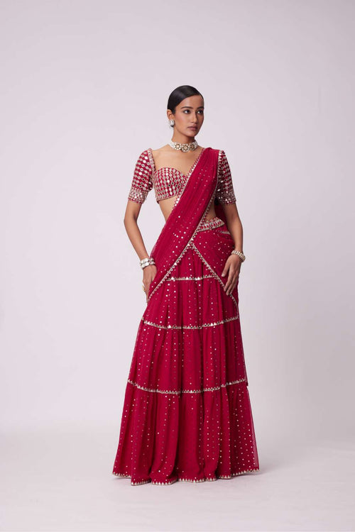 CRIMSON RED MULTI- TIER SAREE SET