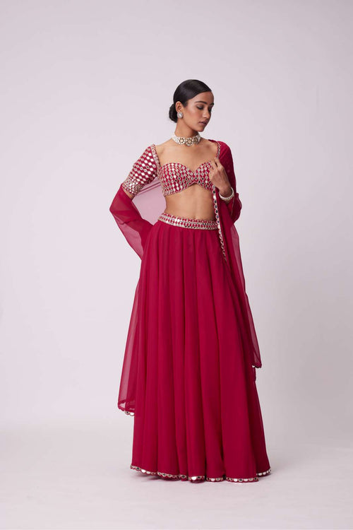 CRIMSON RED GEORGETTE LEHENGA PANTS SET