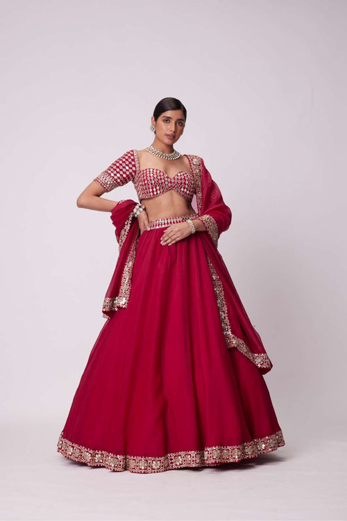 CRIMSON RED ORGANZA MIRROR LEHENGA SET