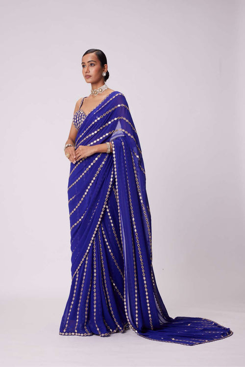 PERSIAN BLUE LINEAR EMBROIDERY GEORGETTE SAREE SET