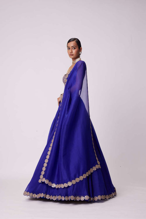 PERSIAN BLUE LINEAR MIRROR EMBROIDERED LEHENGA SET