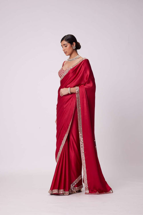 CRIMSON RED  SATIN MIRROR EMBROIDERED SAREE SET