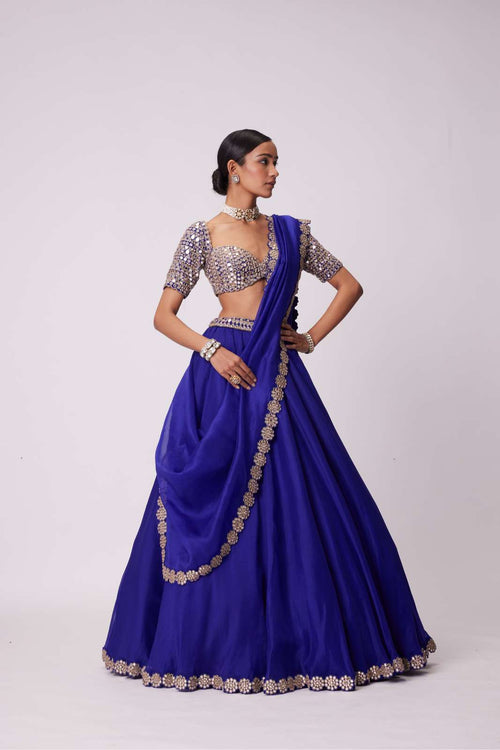 PERSIAN BLUE ORGANZA HAND EMBROIDERED LEHENGA SET