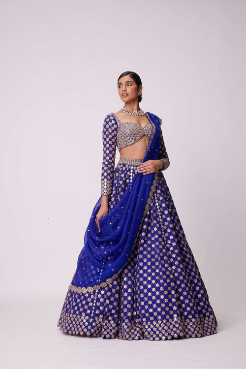 PERSIAN BLUE MIRROR FLOWER HAND EMBROIDERED LEHENGA