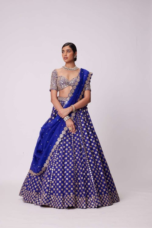 PERSIAN BLUE MIRROR FLOWER EMBROIDERED LEHENGA SET