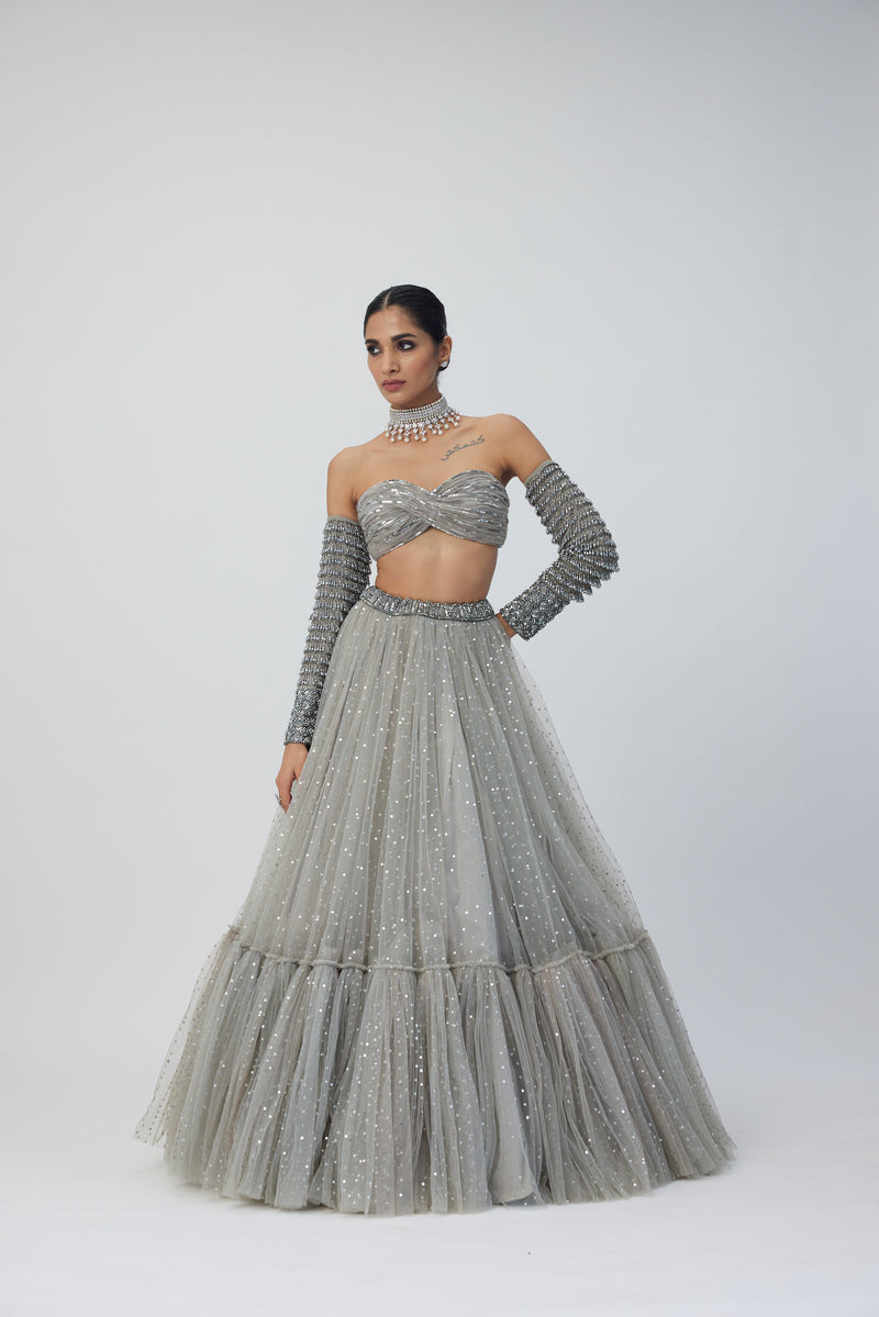 Crystal Grey Tulle Lehenga Set