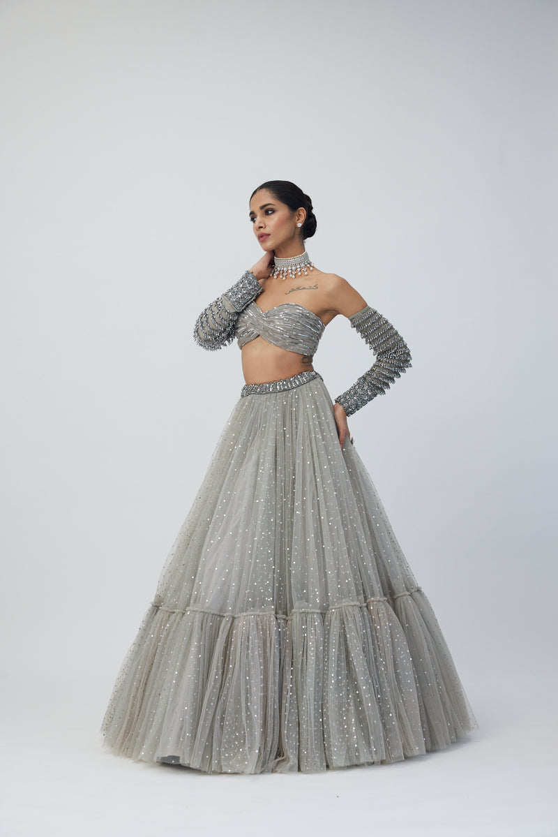 Crystal Grey Tulle Lehenga Set