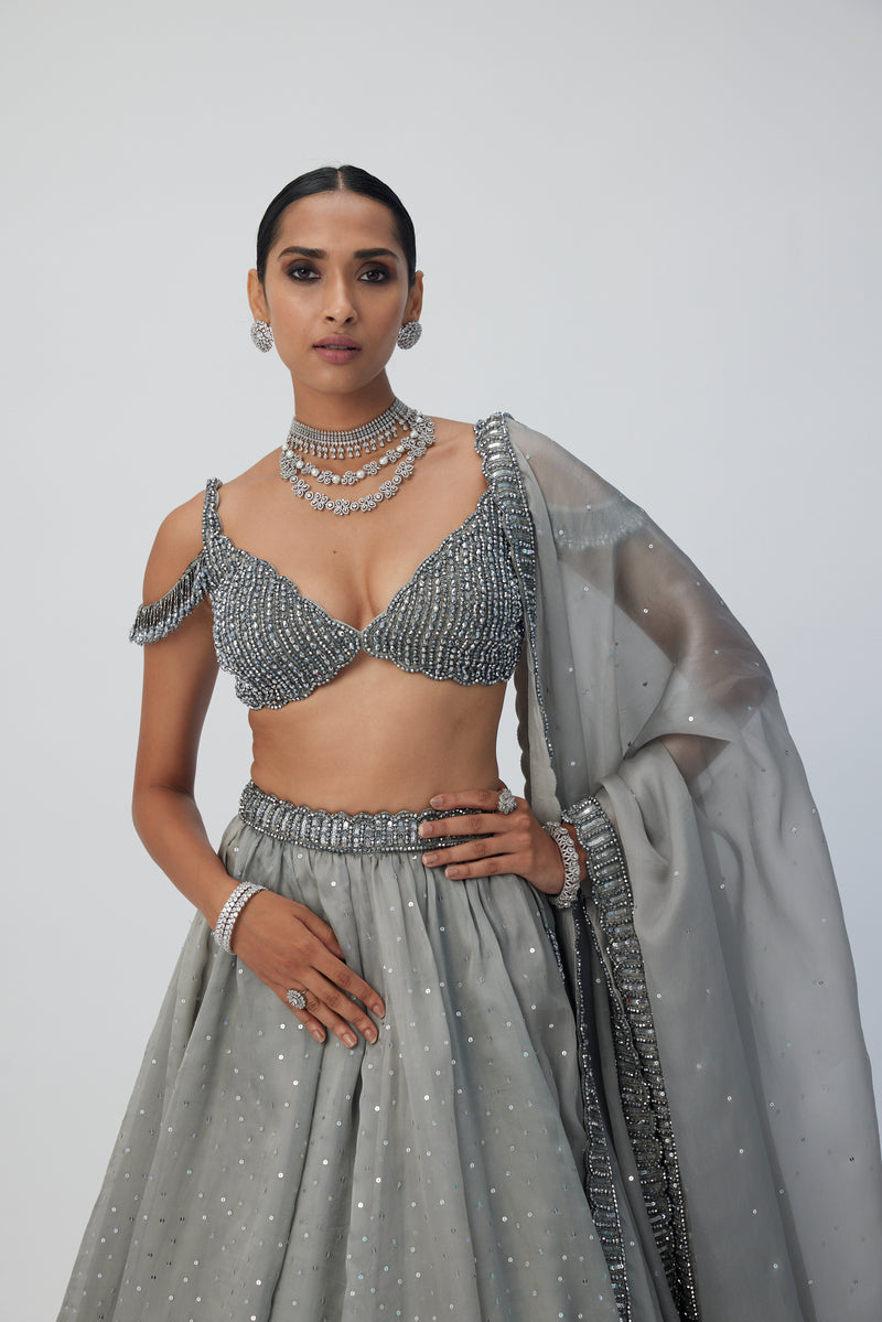 Crystal Grey Sequins Scattered Lehenga Set