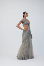 Crystal Grey Sequin Scattered Pre Draped Saree Set