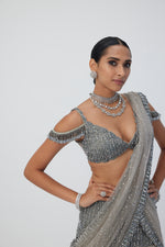 Crystal Grey Sequin Scattered Pre Draped Saree Set