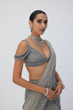 Crystal Grey Sequin Scattered Pre Draped Saree Set